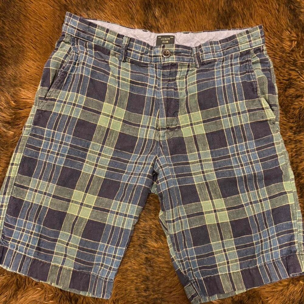 Vintage J.Crew Club chino shorts w/ a navy blue and green tartan plaid Size 31"